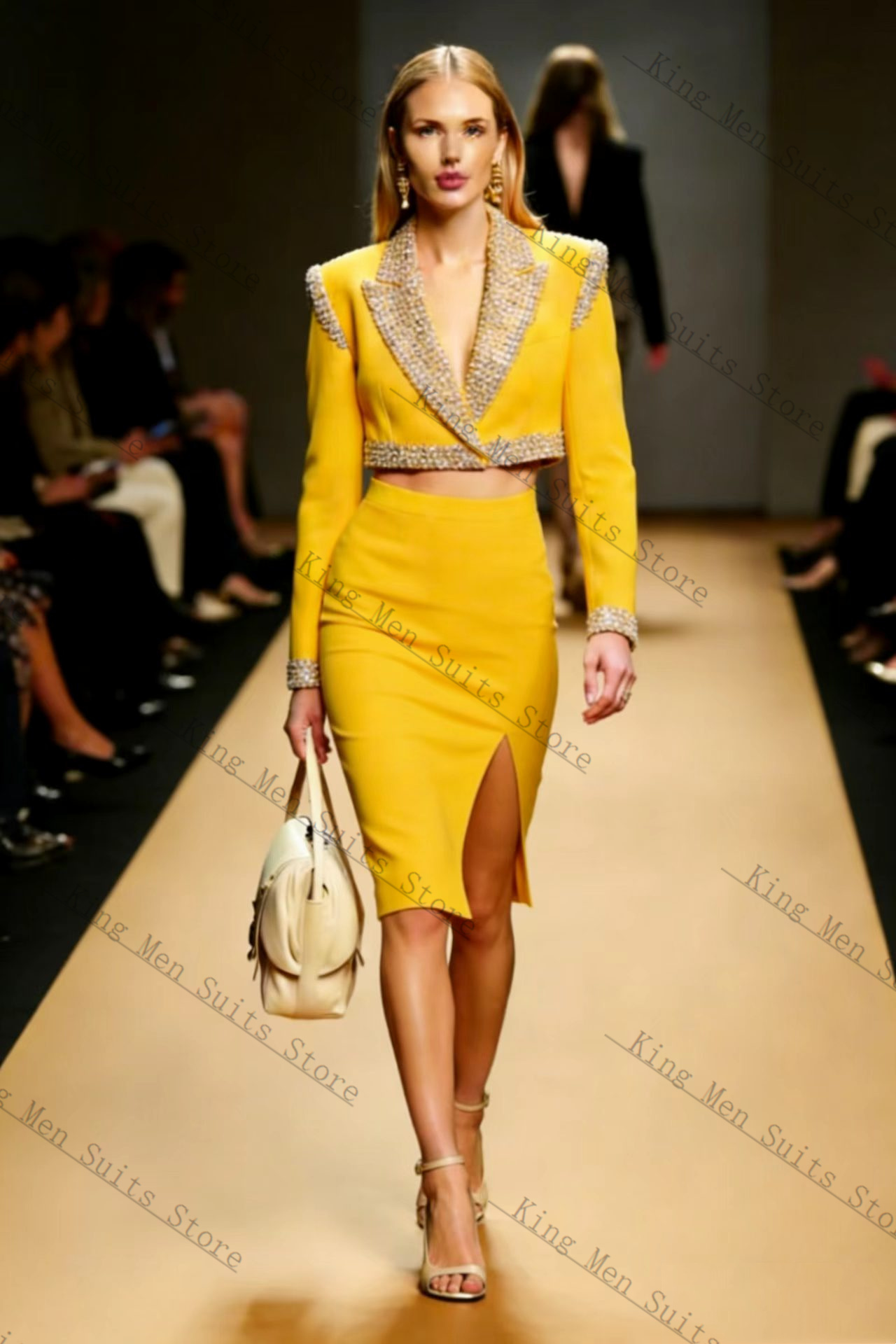 Yellow Formal Wear Women - Yellow Crystals Women Suit Skirt Set